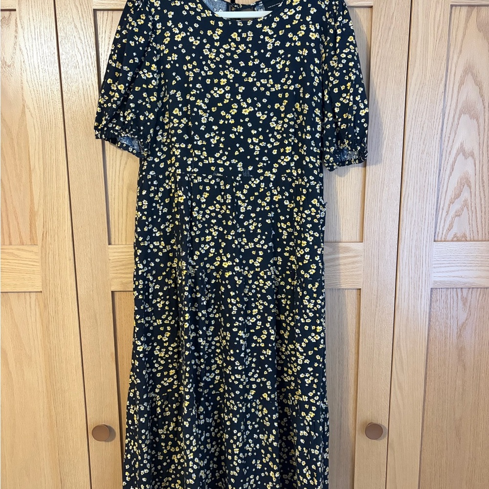 Who What Wear Black Midi Dress with Yellow Floral Print